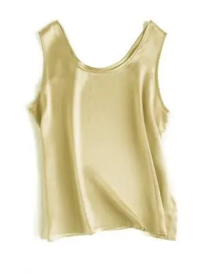 Champagne sleeveless silk top on a white background