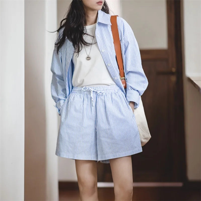 100% Cotton Classic Blue & White Striped Summer Shirt and Shorts Set