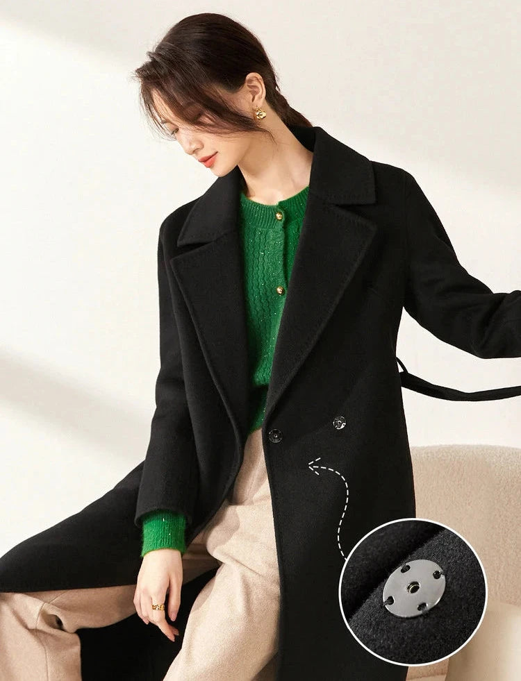 100% Wool Handmade Notched Lapels Elegant Women's Long Coat