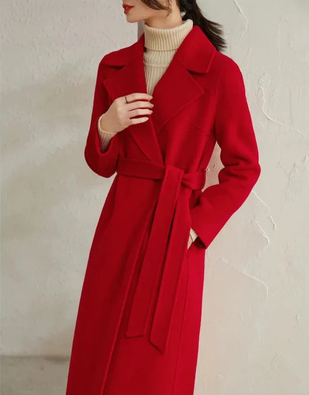 100% Wool Handmade Notched Lapels Elegant Women's Long Coat