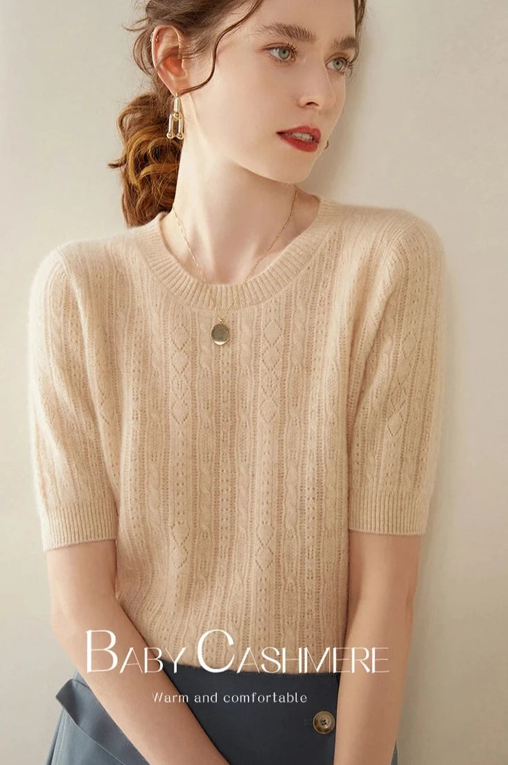 100% Premium Cashmere Crew Neck Short Sleeve Chic Women's Sweater