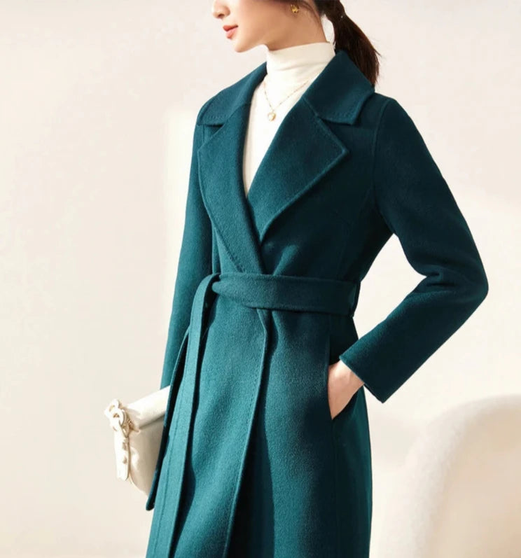 100% Wool Handmade Notched Lapels Elegant Women's Long Coat