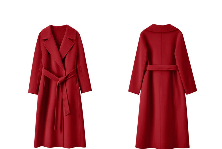 100% Wool Handmade Notched Lapels Elegant Women's Long Coat