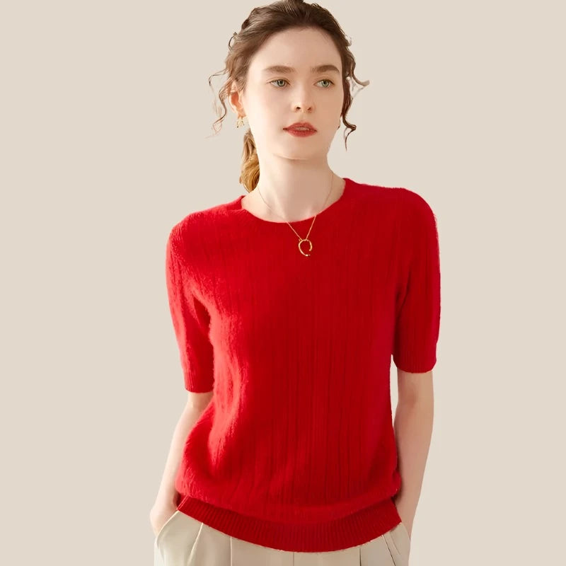 100% Premium Cashmere Crew Neck Short Sleeve Chic Women's Sweater