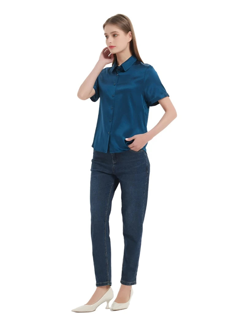Pure Mulberry Silk Short Sleeved Chic Women's Summer Shirt