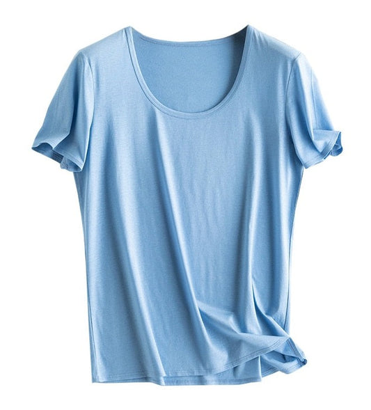 Elegant Silk-Linen-Cotton-Microfibre Solid U Neck Women T shirts
