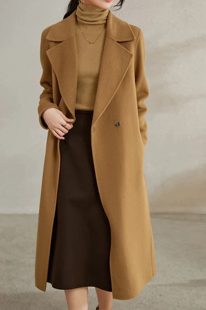 100% Wool Handmade Notched Lapels Elegant Women's Long Coat