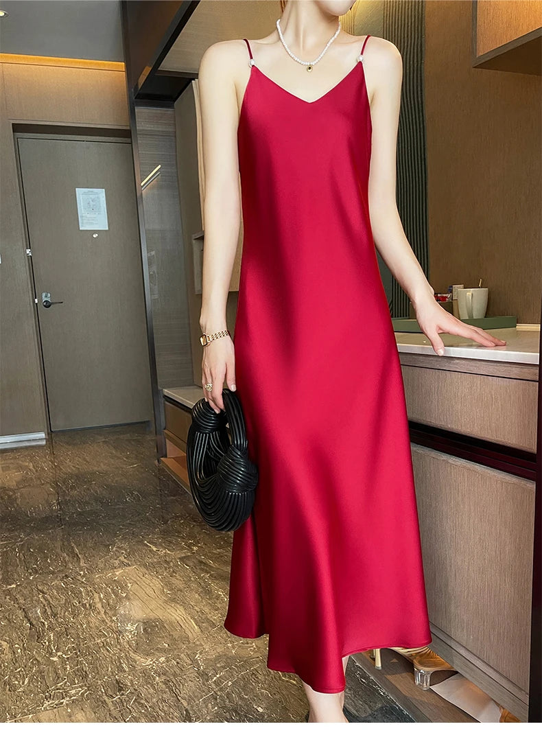 Pure Mulberry Silk Spaghetti Strap Elegant Women's Party Dress