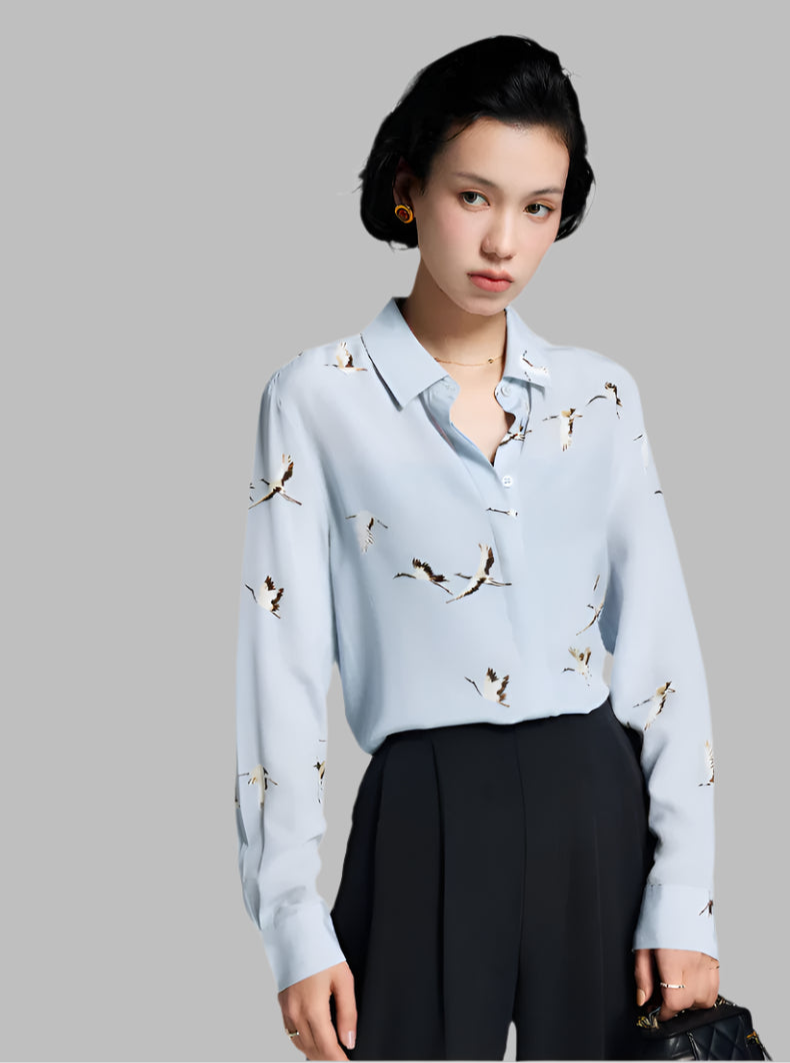 100% Mulberry Silk Elegant Flying Duck Printed Women's Shirt