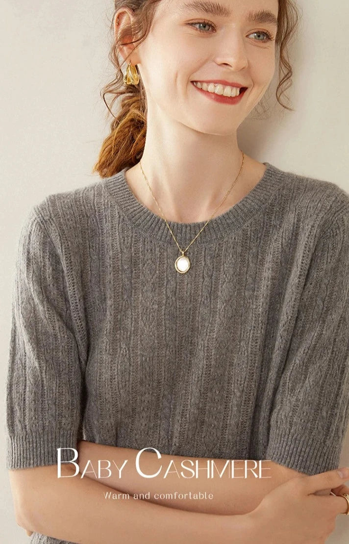 100% Premium Cashmere Crew Neck Short Sleeve Chic Women's Sweater