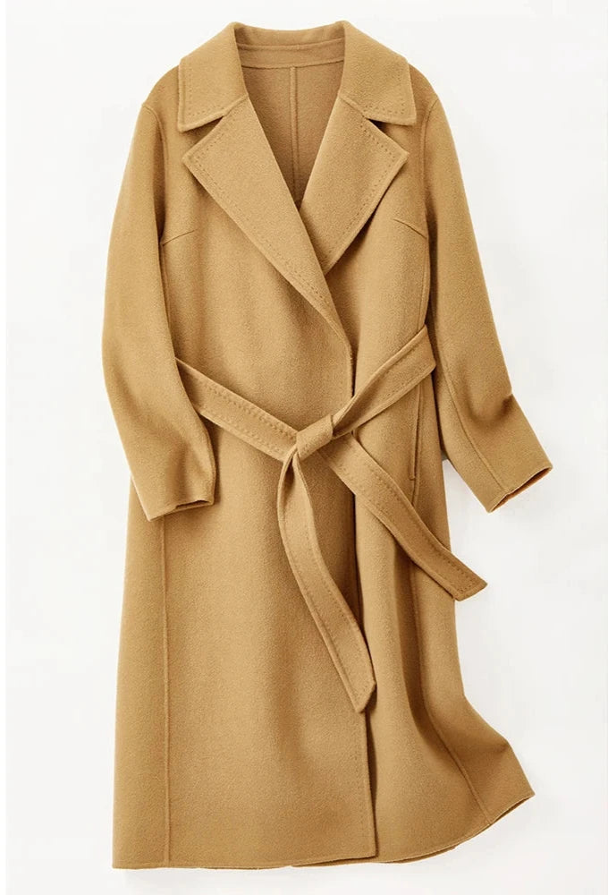 100% Wool Handmade Notched Lapels Elegant Women's Long Coat