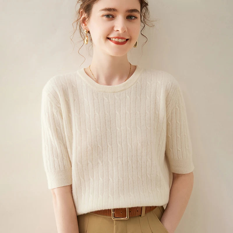 100% Cashmere Short-Sleeve Crewneck Sweater