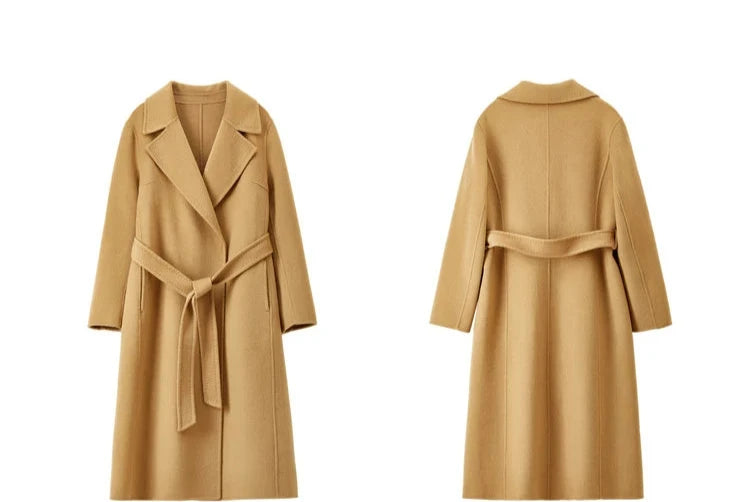 100% Wool Handmade Notched Lapels Elegant Women's Long Coat