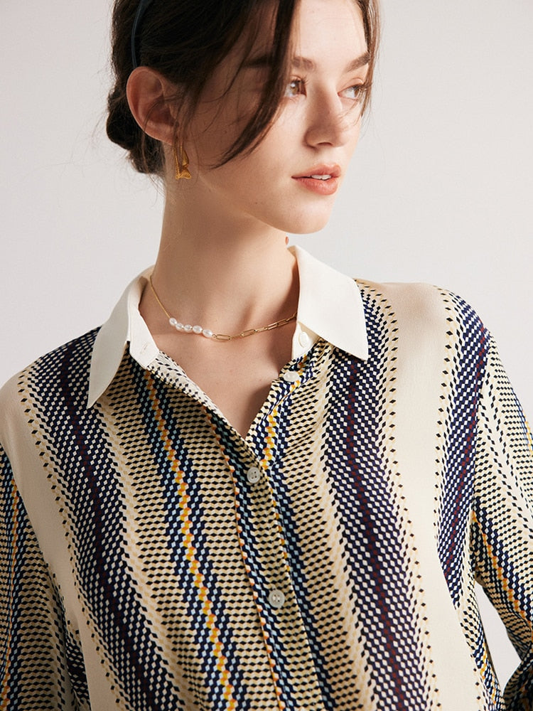 100% Premium Mulberry Silk Stripe Printed Women Shirt