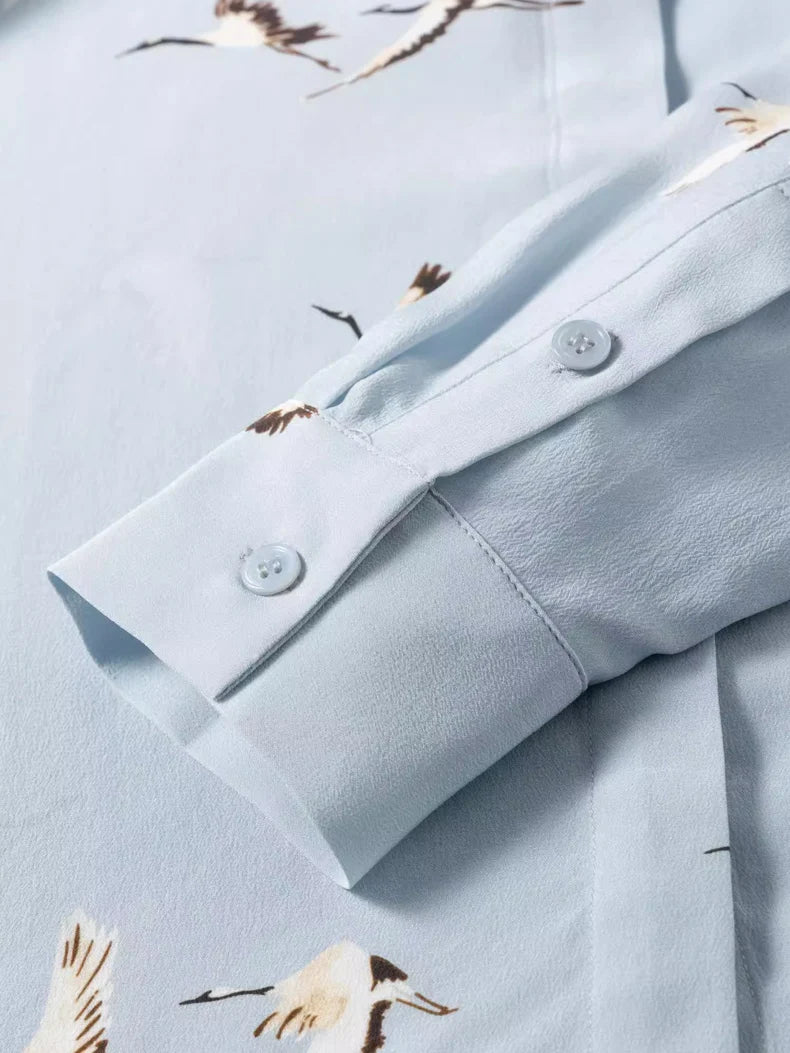 100% Mulberry Silk Elegant Flying Duck Printed Women's Shirt