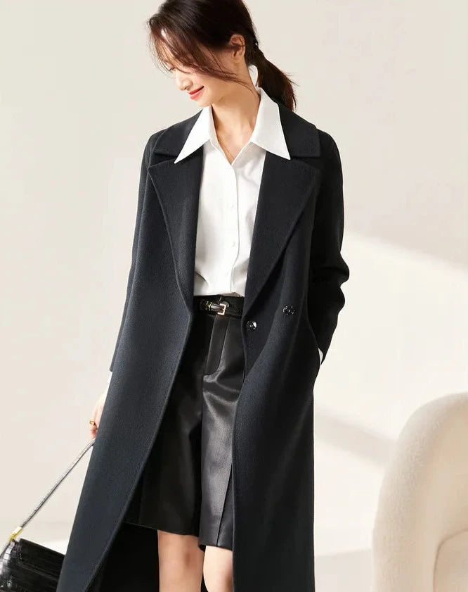 100% Wool Handmade Notched Lapels Elegant Women's Long Coat