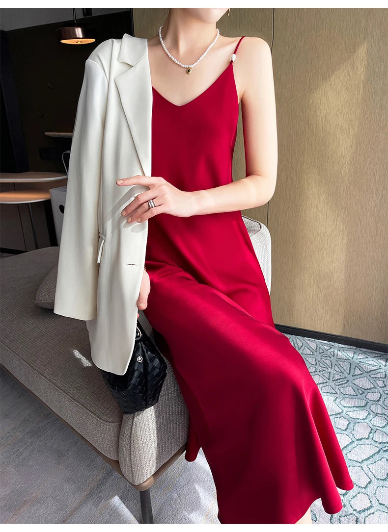 Pure Mulberry Silk Spaghetti Strap Elegant Women's Party Dress