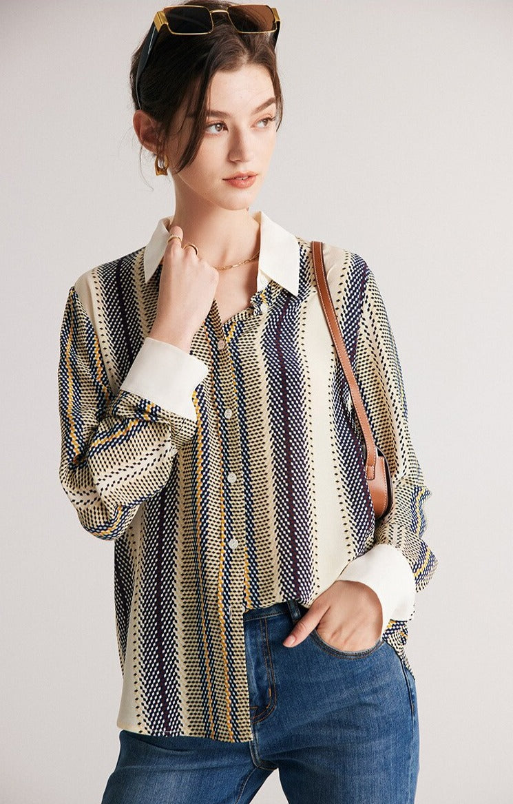 100% Premium Mulberry Silk Stripe Printed Women Shirt