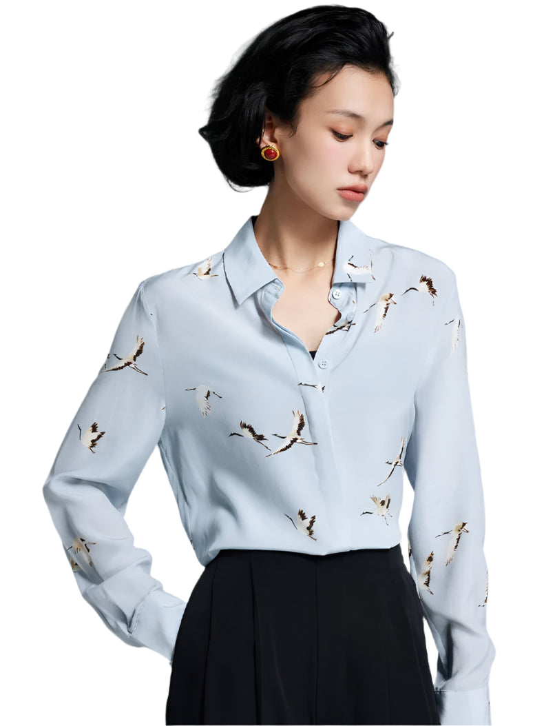 100% Mulberry Silk Elegant Flying Duck Printed Women's Shirt