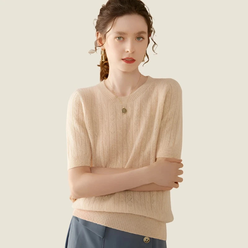 100% Premium Cashmere Crew Neck Short Sleeve Chic Women's Sweater