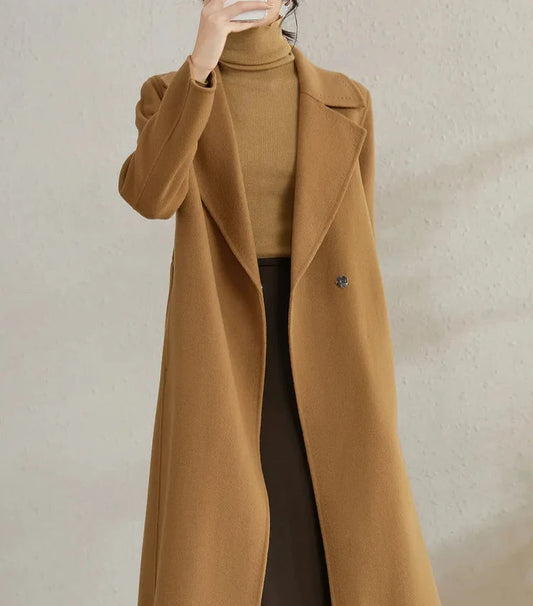 100% Wool Handmade Notched Lapels Elegant Women's Long Coat