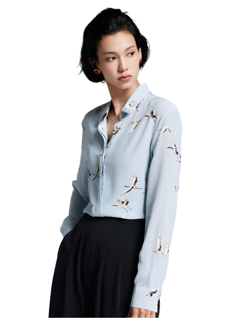 100% Mulberry Silk Elegant Flying Duck Printed Women's Shirt