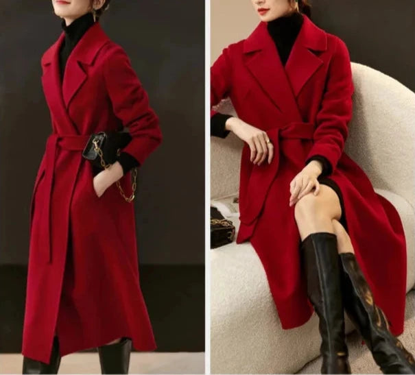 100% Wool Handmade Notched Lapels Elegant Women's Long Coat