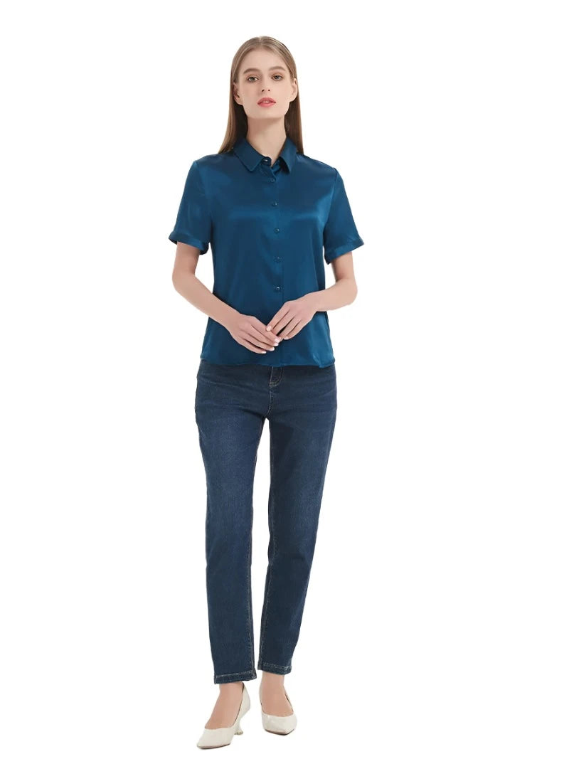 Pure Mulberry Silk Short Sleeved Chic Women's Summer Shirt