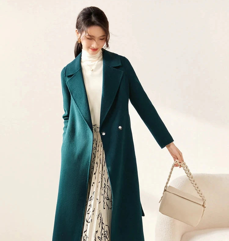 100% Wool Handmade Notched Lapels Elegant Women's Long Coat