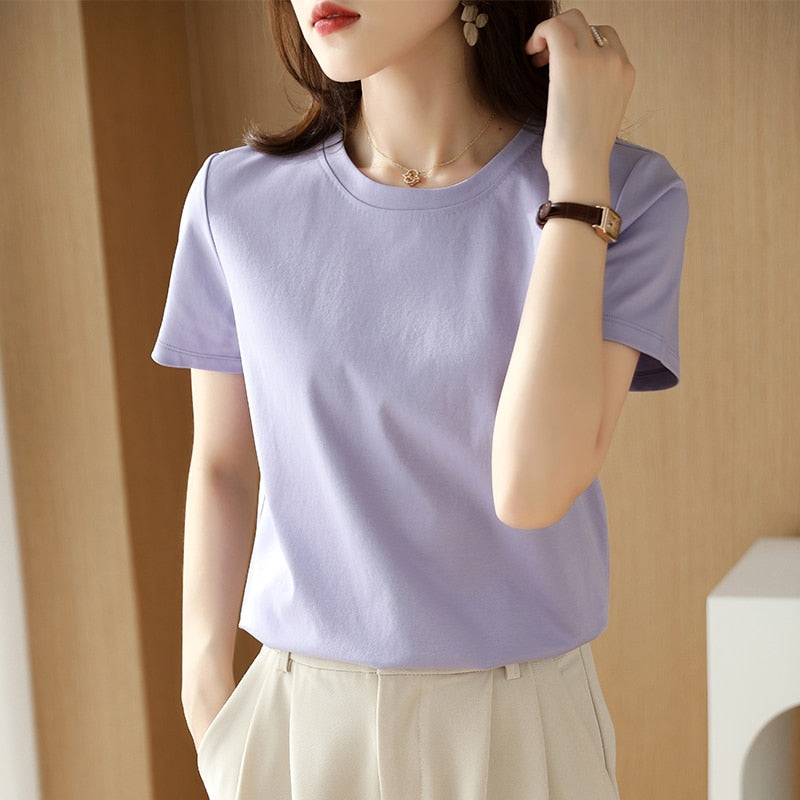 100% Premium Mercerized Cotton Crew Neck Women T-shirt