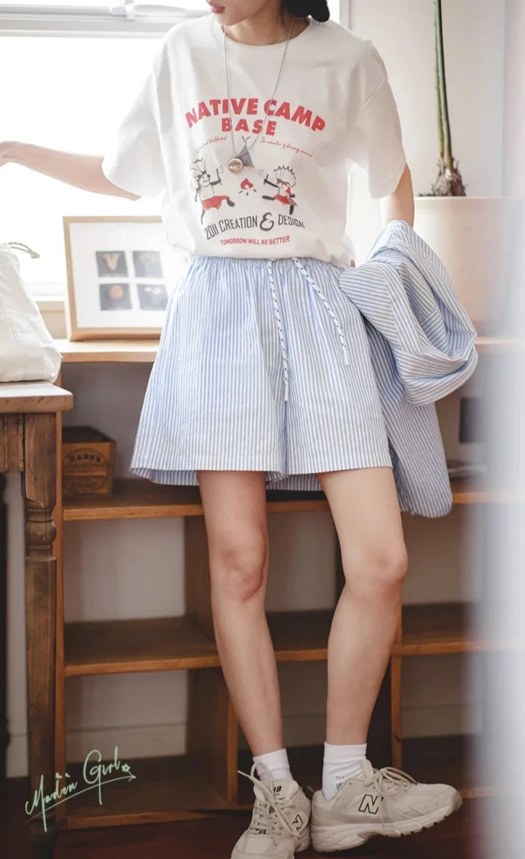100% Cotton Classic Blue & White Striped Summer Shirt and Shorts Set