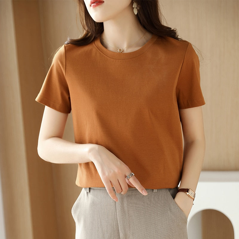 100% Premium Mercerized Cotton Crew Neck Women T-shirt