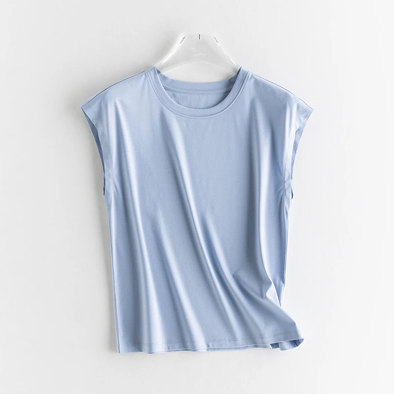 Mulberry Silk Mercerized Cotton Crewneck Sleeveless Women's T-shirt