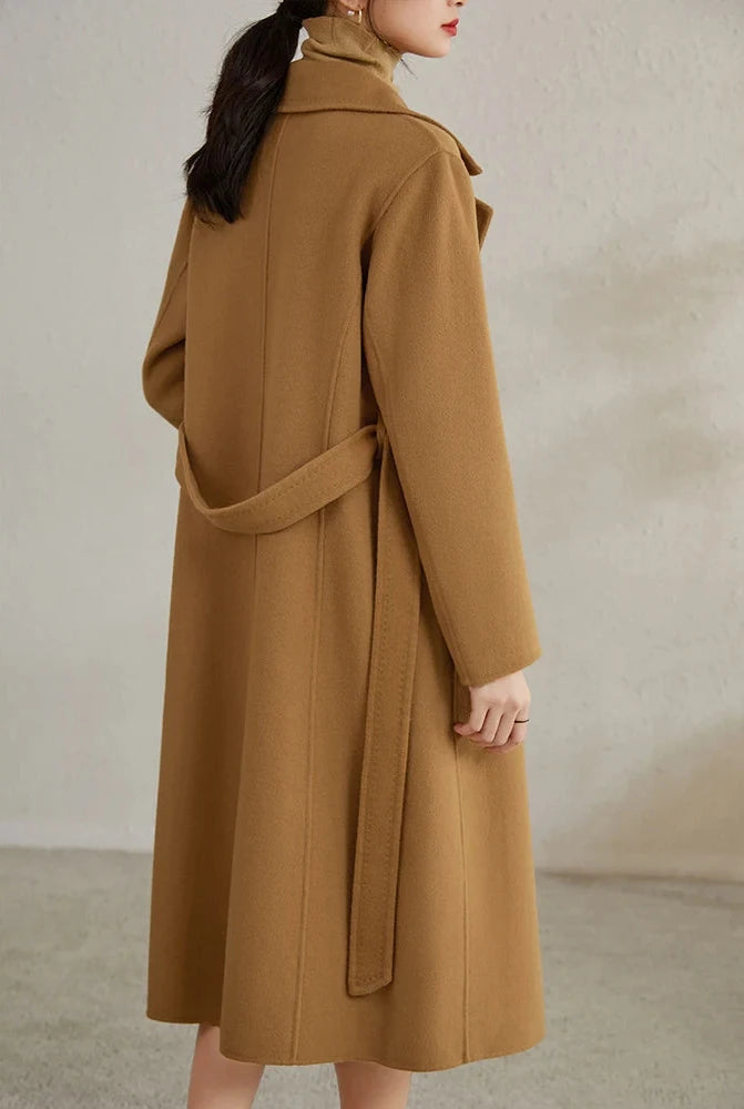 100% Wool Handmade Notched Lapels Elegant Women's Long Coat
