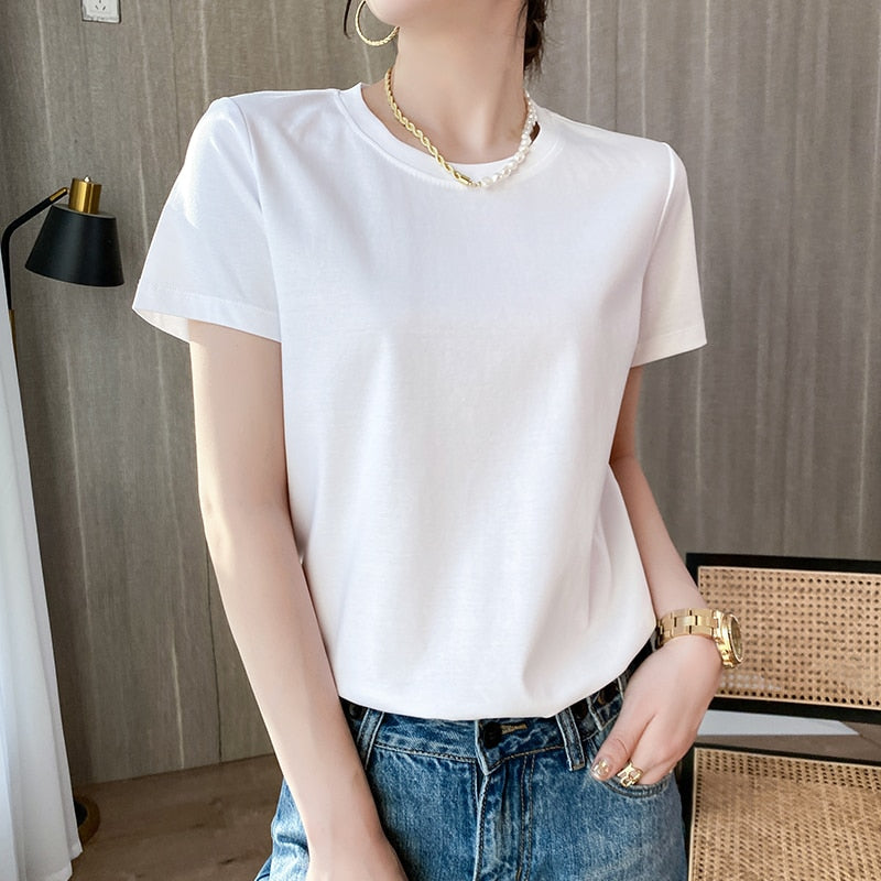 100% Premium Mercerized Cotton Crew Neck Women T-shirt