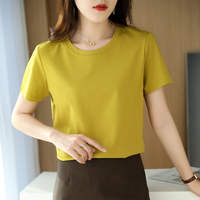 100% Premium Mercerized Cotton Crew Neck Women T-shirt