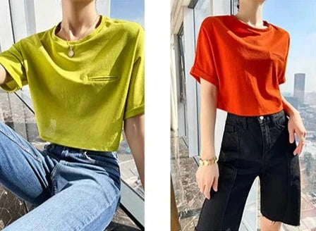 Chic Silk Blend Crew Neck Summer Crop Top