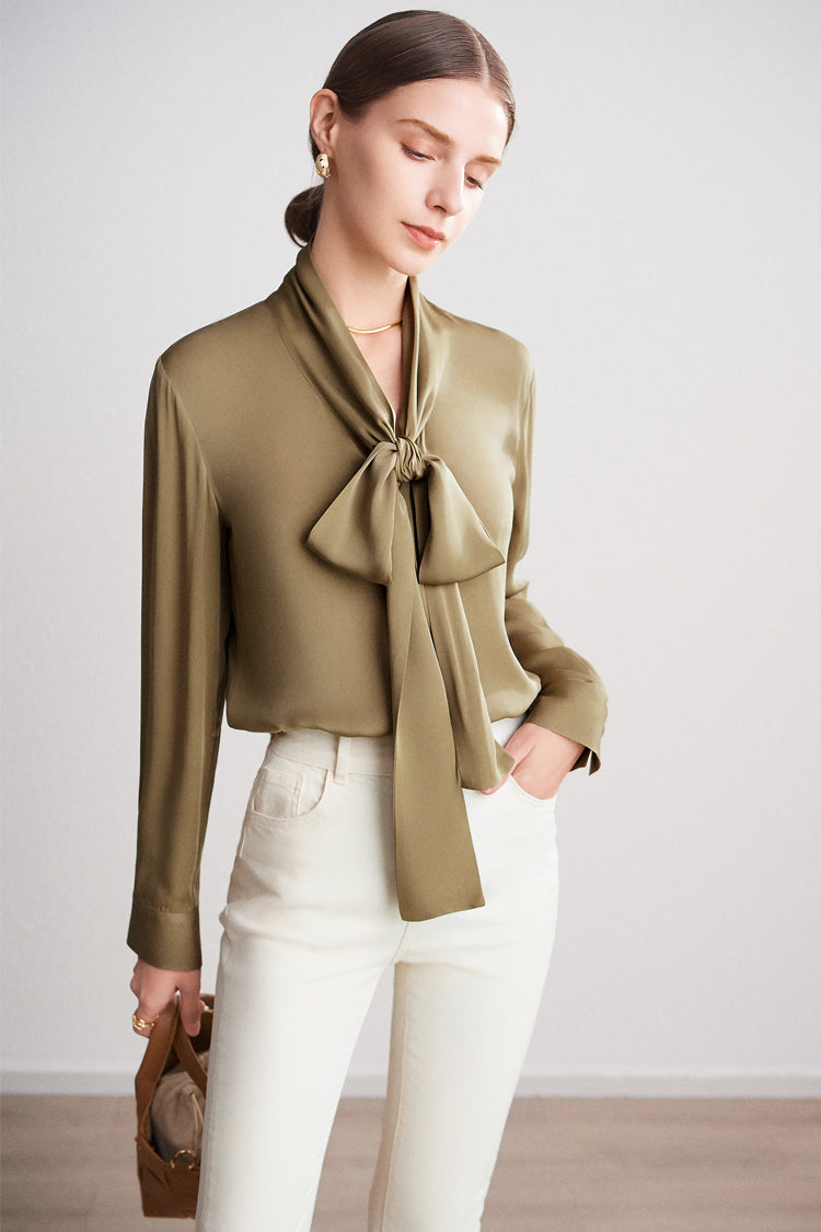 Pure Mulberry Silk Bow Collar Women's Top