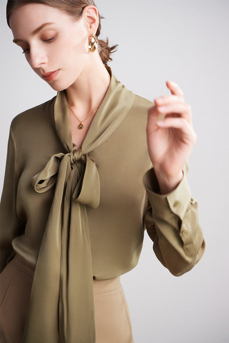 Pure Mulberry Silk Bow Collar Women's Top