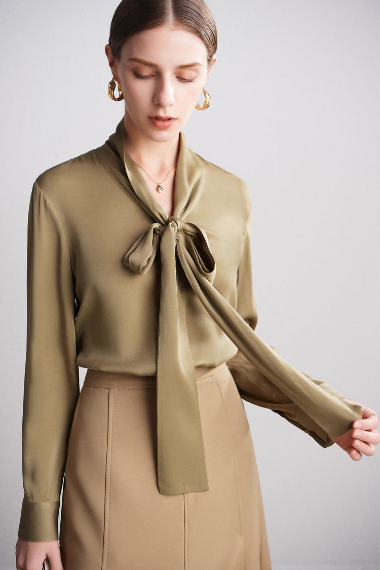 Pure Mulberry Silk Bow Collar Women's Top