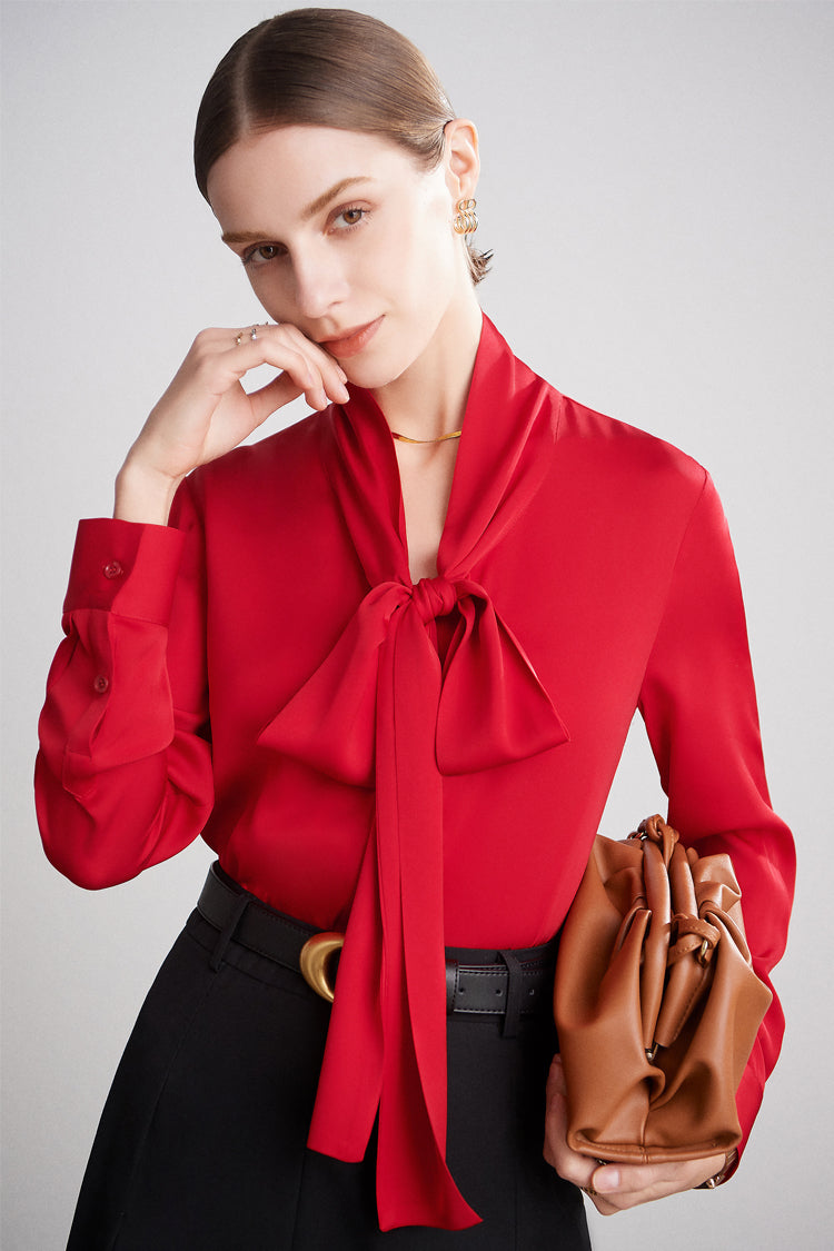 Pure Mulberry Silk Bow Collar Women's Top