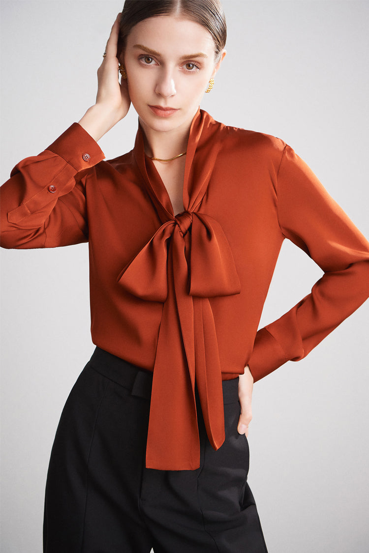 Pure Mulberry Silk Bow Collar Women's Top