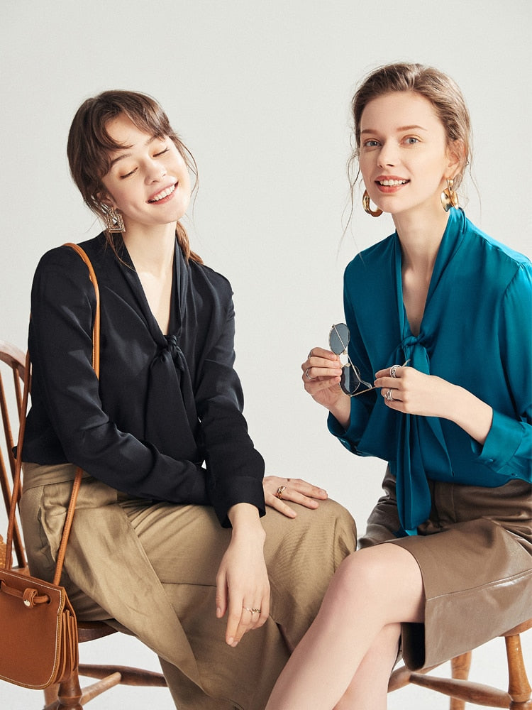 Pure Mulberry Silk Bow Collar Women's Top