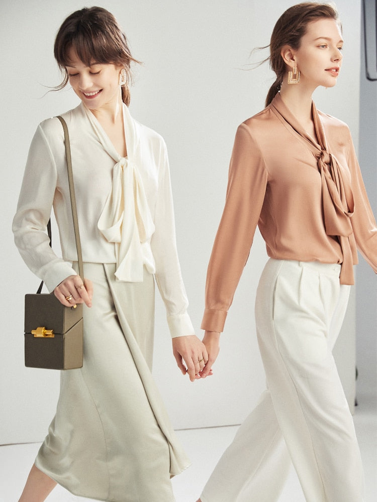 Pure Mulberry Silk Bow Collar Women's Top