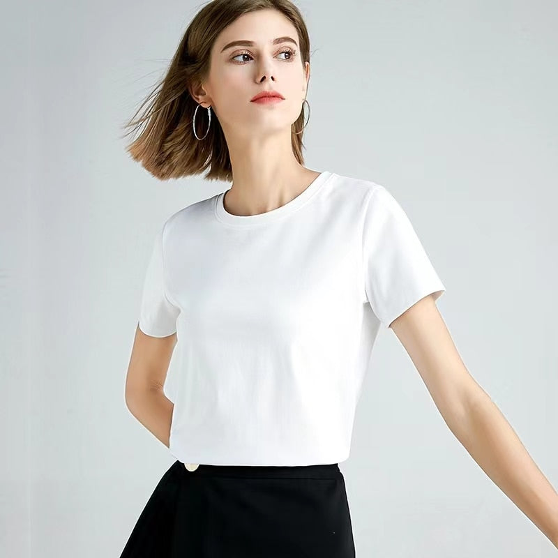 100% Premium Mercerized Cotton Crew Neck Women T-shirt