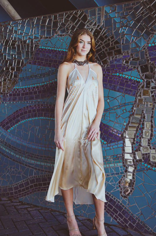 Altair 100% Silk Halter Dress in Dueling Jaguars