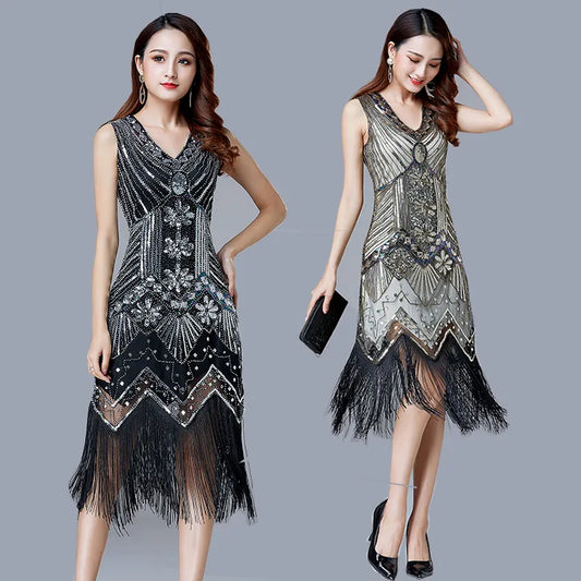 Handmade 1920s Vintage Beaded Tassel Sequin Flapper Dress