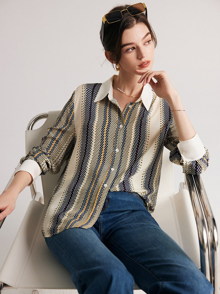 100% Premium  Mulberry Silk Stripe Printed Women Shirt