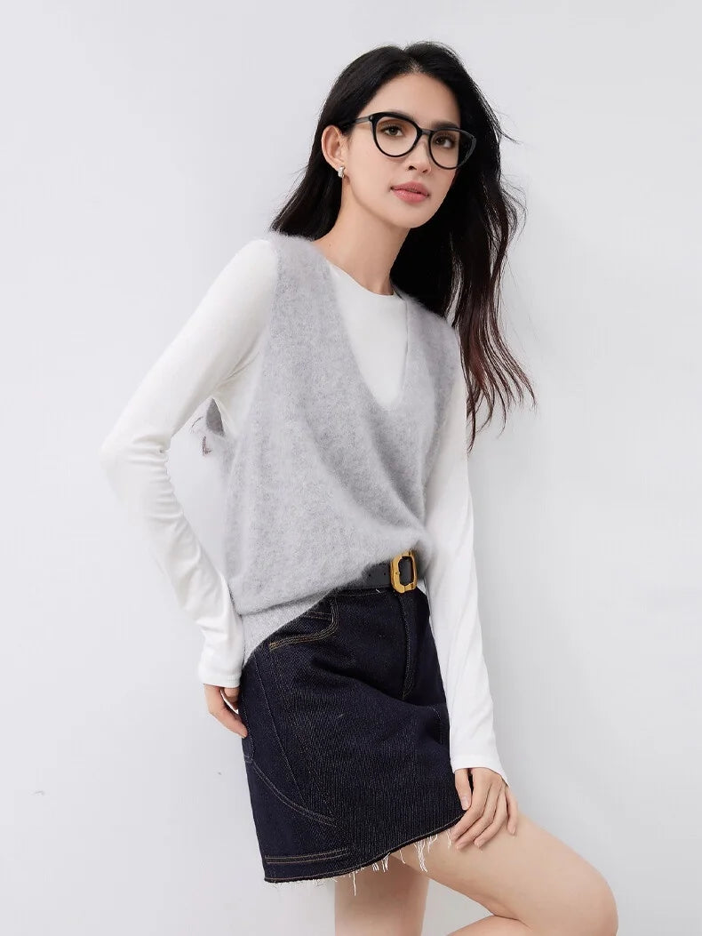 Premium Wool Cashmere Blend V Neck Women's Vest Pullover Loose Sweater