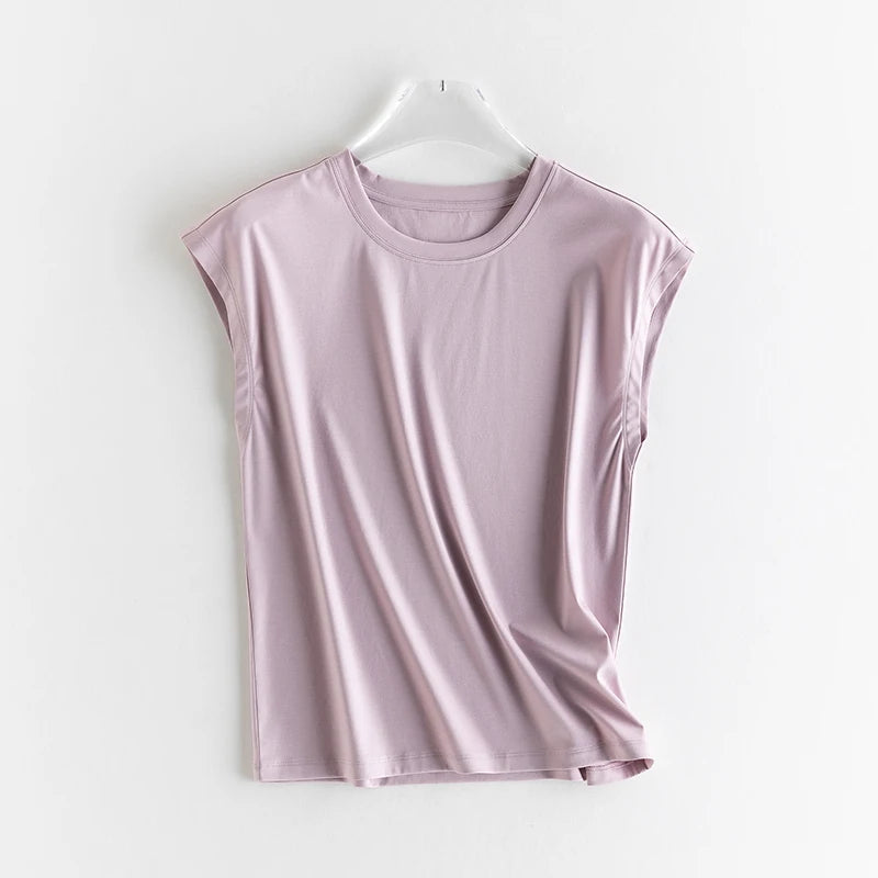 Mulberry Silk Mercerized Cotton Crewneck Sleeveless Women's T-shirt